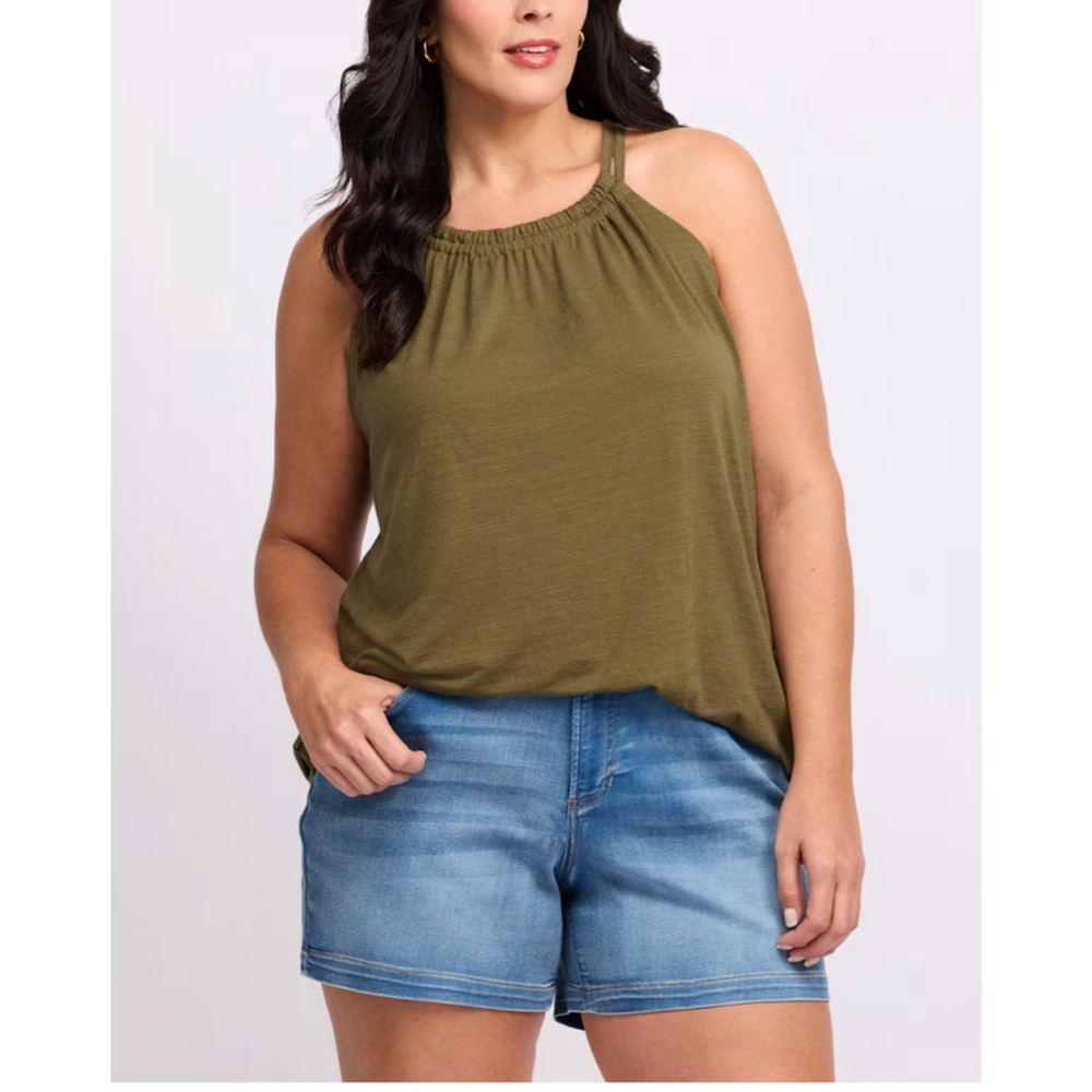 Women's Bobeau Shirred Neck Knit Halter Tank Top S Olive